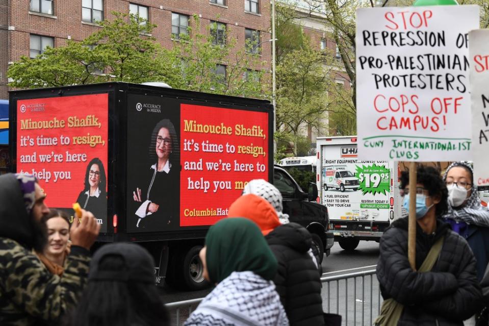 An Accuracy in Media billboard driving by anti-Israel protestors at Columbia on April 18, 2024. Matthew McDermott