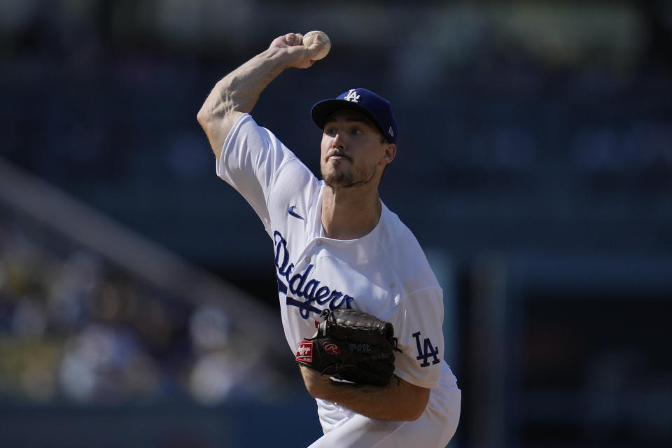 Los Angeles Dodgers starting pitcher Michael Grove (78) throws during the second inning of a baseball game against the New York Yankees in Los Angeles, Saturday, June 3, 2023. (AP Photo/Ashley Landis)