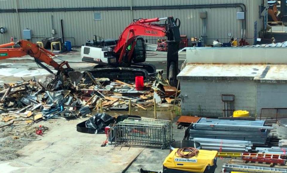 Outbuildings on the closed Pilgrim Nuclear Power Station property in Plymouth are demolished as part of the decommissioning, in a 2020 photograph.