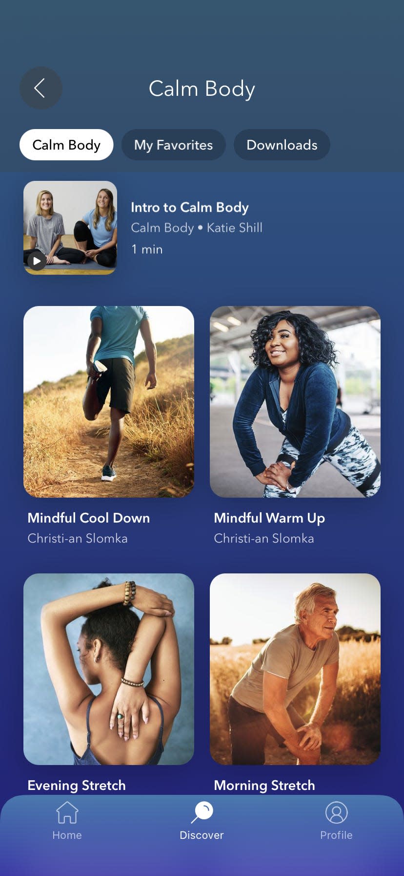 thumbnail images of various stretching exercises in a screenshot of the meditation app Calm