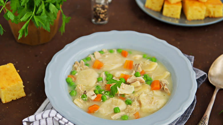 Chicken and dumpling soup with cornbread