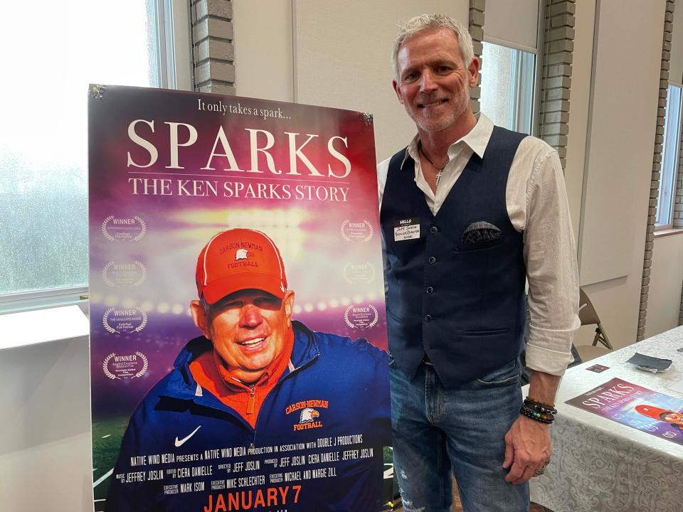 Producer/director and Farragut High School alum Jeff Joslin talks about his documentary about Farragut Coach Ken Sparks at the TN Actors Networking group mixer held at the Farragut Community Center Tuesday, March 29, 2022.