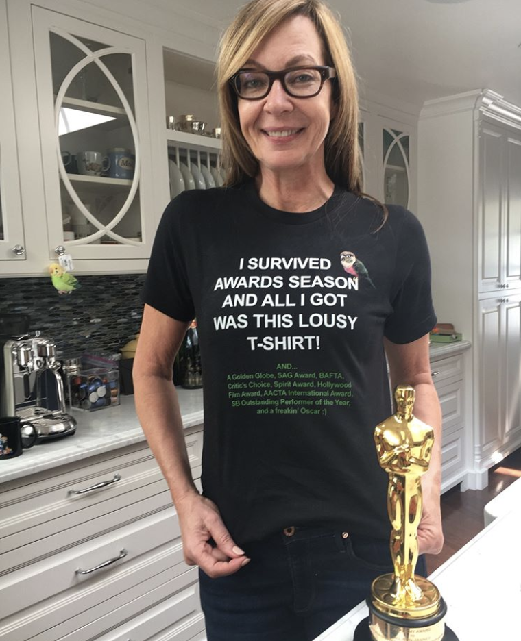 <p>Is there a statue for Greatest T-Shirt Ever? Because if there is, the <em>I, Tony</em>a star might as well take that one home now too. “LOVE this shirt Chelsea (from our @mom_cbs writing team)!” Sunday’s Best Actress winner captioned this shot of the black top that read, “I survived awards season and all I got was the lousy T-shirt. And a Golden Globe, SAG Award, Bafta, Critic’s Choice, Spirit Award, Hollywood Film Award, AACTA International Award, SB Outstanding Performer of the Year and a freakin’ Oscar.” Yeah, that’s a lot of well-deserved praise. “It pretty much sums up the past few months,” Janney quipped. (Photo: <a rel="nofollow noopener" href="https://www.instagram.com/p/Bf9hCKbhAOL/?taken-by=allisonbjanney" target="_blank" data-ylk="slk:Allison Janney via Instagram;elm:context_link;itc:0;sec:content-canvas" class="link ">Allison Janney via Instagram</a>) </p>
