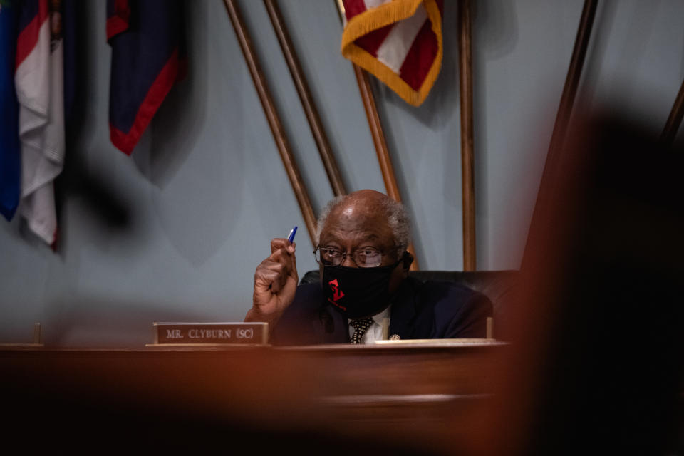 House Majority Whip James Clyburn, a Democrat from South Carolina and chairman of the House Select Subcommittee on the Coronavirus Crisis, speaks while wearing a protective mask during a hearing on recommendations to improve the federal response to Covid-19 in Washington, D.C., U.S., on Friday, June 26, 2020. (Cheriss May/Bloomberg via Getty Images)