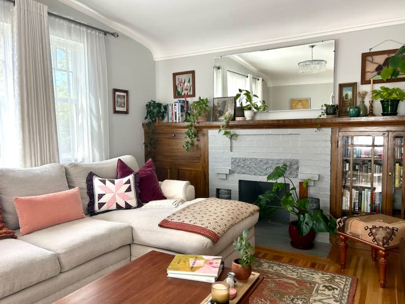 Neutral sectional in vintage inspired living room.