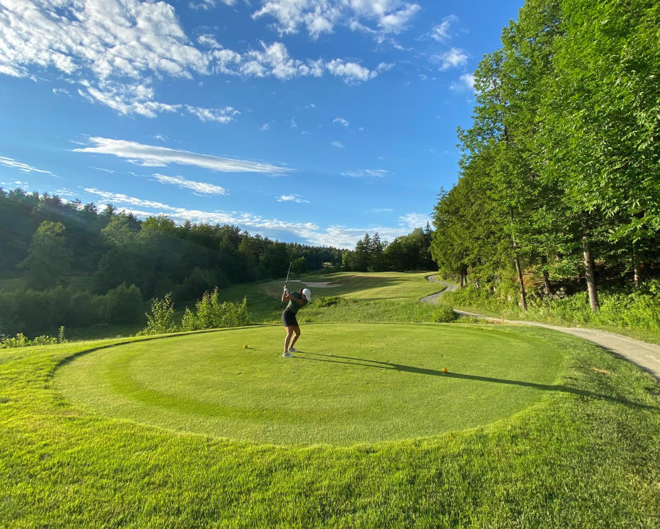 Rachel Kim at the Montcalm Golf Club in Enfield, New Hampshire. She first got interested in golf early this spring and the coronavirus pandemic upended normal life. Now she plays once a week and is planning trips around the sport.