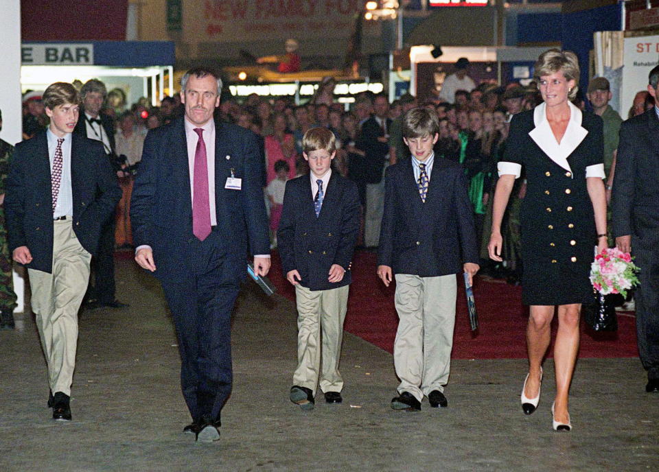 LONDON, UNITED KINGDOM - JULY 11:  Princess Diana Arriving At The Royal Tournament With Prince William, Prince Harry , Their Friend And Police Bodyguard  (Photo by Tim Graham/Getty Images)