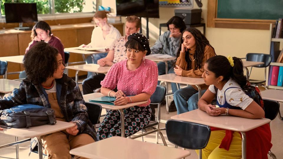 Never Have I Ever. (L to R) Lee Rodriguez as Fabiola Torres, Ramona Young as Eleanor Wong, Maitreyi Ramakrishnan as Devi in episode 301 of Never Have I Ever. Cr. Lara Solanki/Netflix © 2022