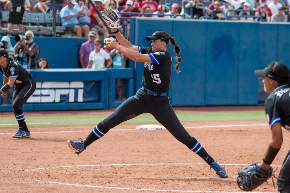 May 30, 2024; Oklahoma City, OK, USA; Duke Blue Devils pitcher Lillie Walker (15) pitches in the fourth inning against the Oklahoma Sooners during a Women’s College World Series softball game at Devon Park. Mandatory Credit: Brett Rojo-USA TODAY Sports