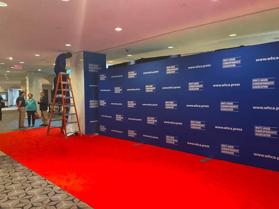 The red carpet gets set up on Saturday, April 27, 2024, for the White House Correspondents’ Dinner.