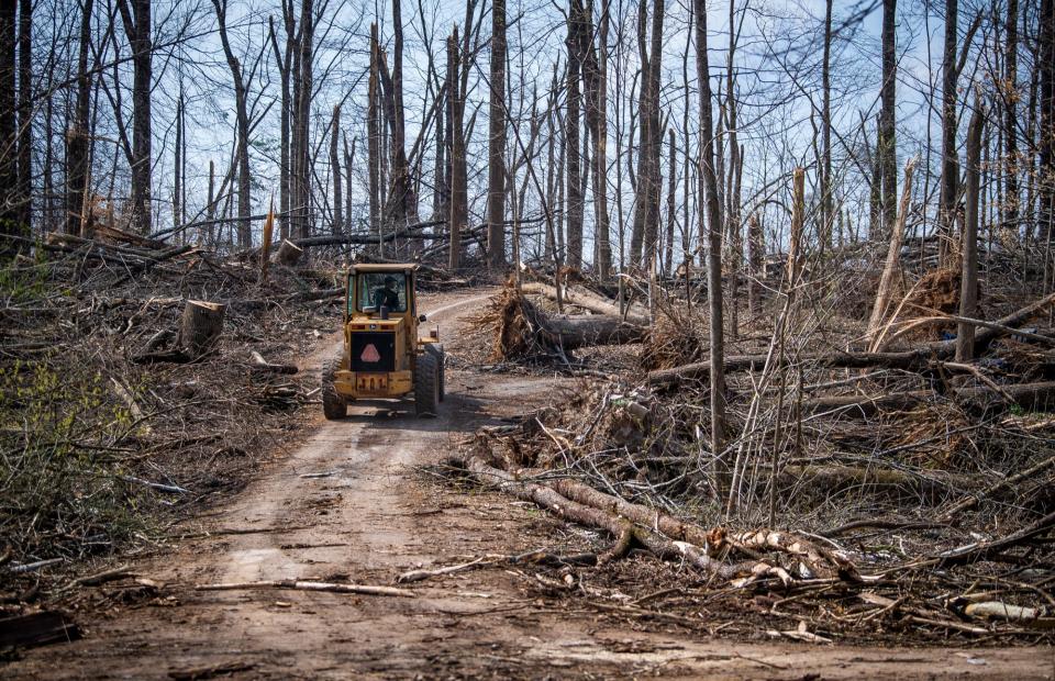 Damon McGuckin, an employee of the Indiana Department of Natural Resources, heads out to get another downed tree for removal from the campground area at McCormick's Creek State Park on April 4, 2023