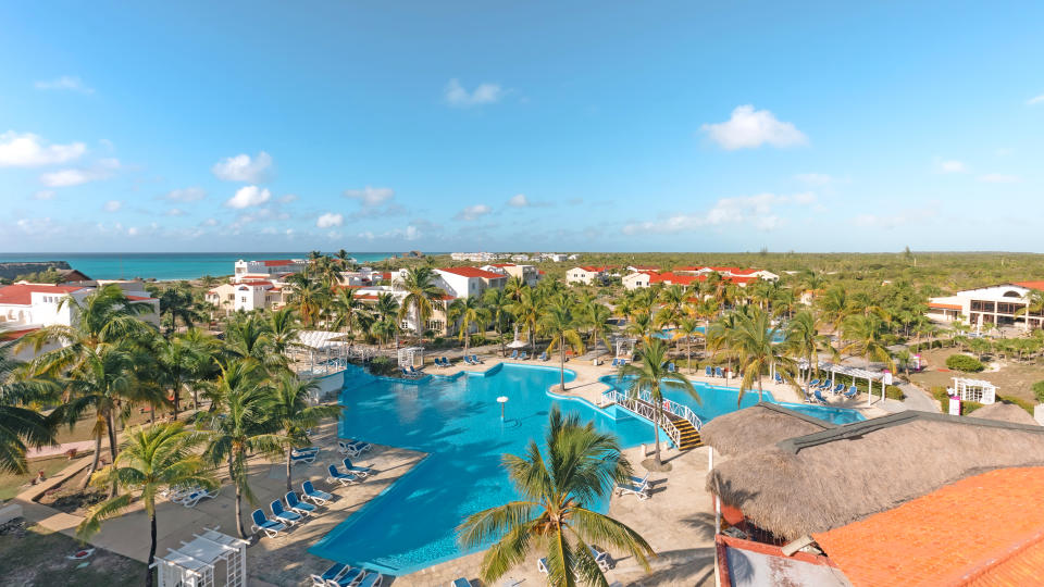 A bird's eye view of the pool area and surrounding grounds of Sunwing's Starfish resort in Cayo Largo, Cuba 