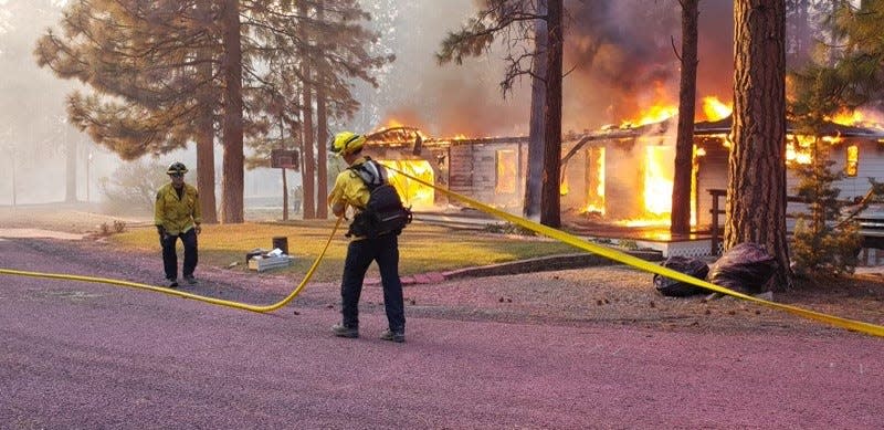 The Mill Fire burns north of Weed in the Lake Shastina subdivision on Friday afternoon. The fire started at 12:49 p.m. Friday, Sept. 2, 2022, closing Highway 97 near Weed and prompting evacuations in Lake Shastina, Edgewood and Weed.