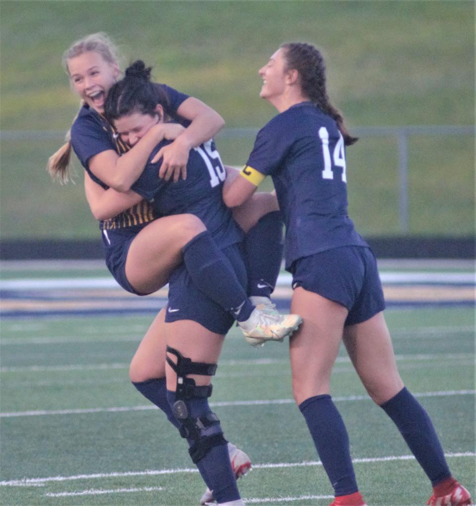 Claire Gorno celebrates her hat trick goal during a high school soccer matchup between Gaylord and Petoskey on Tuesday, May 16.