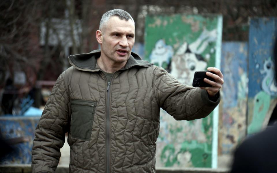 Vitali Klitschko, the mayor of Kyiv, records a video message outside a block of flats struck by Russia's airstrike