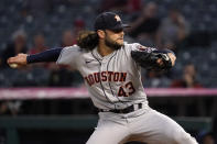 Houston Astros starting pitcher Lance McCullers Jr. throws to the plate during the first inning of a baseball game against the Los Angeles Angels Thursday, Sept. 23, 2021, in Anaheim, Calif. (AP Photo/Mark J. Terrill)