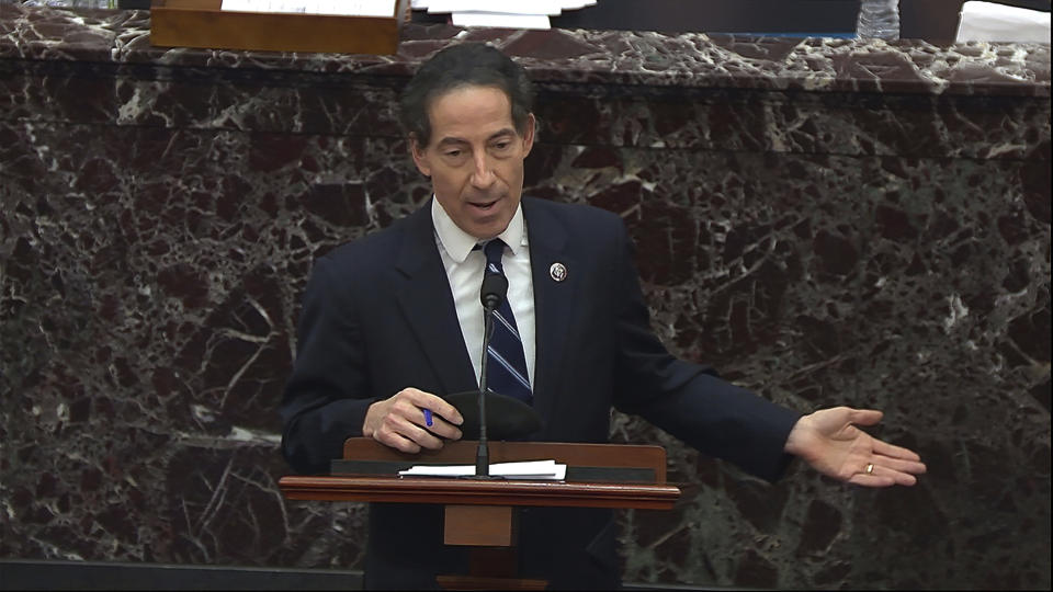 In this image from video, House impeachment manager Rep. Jamie Raskin, D-Md., speaks about the motion to call witnesses during the second impeachment trial of former President Donald Trump in the Senate at the U.S. Capitol in Washington, Saturday, Feb. 13, 2021. (Senate Television via AP)