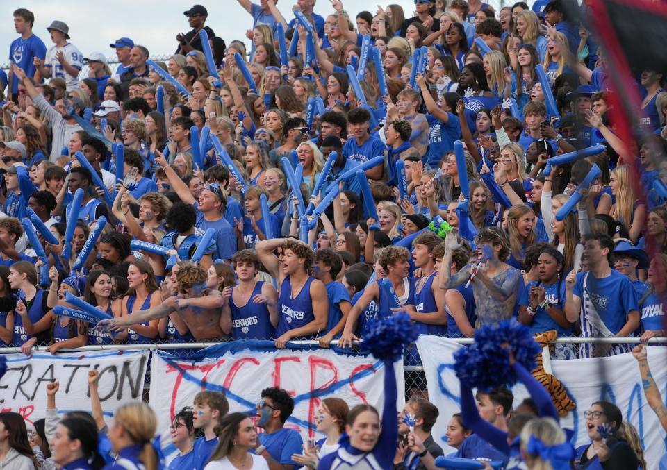 The Hamilton Southeastern student section reacts during the annual Mudsock Game between rivals Hamilton Southeastern Royals and Fishers Tigers on Friday, Sept. 8, 2023 at Fishers High School in Fishers. Hamilton Southeastern Royals took home the trophy after a 35-34 overtime victory.