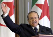 FILE - In this Sunday, Aug. 14, 2005, file photo, Algeria's President Abdelaziz Bouteflika addresses the nations's top officials in Algiers. Former Algerian President Bouteflika, who fought for independence from France in the 1950s and 1960s and was ousted amid pro-democracy protests in 2019 after 20 years in power, has died at age 84, state television announced Friday, Sept. 17, 2021. (AP Photo)