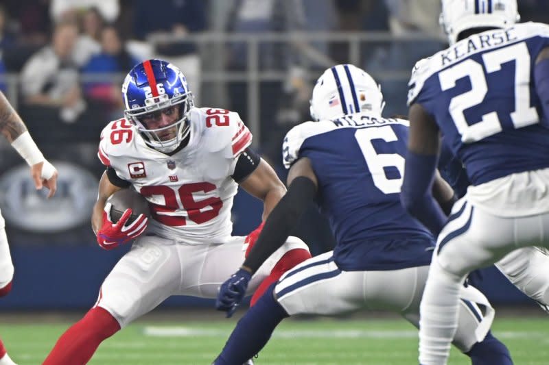 New York Giants running back Saquon Barkley (L) has one of the toughest fantasy football schedules this season, based on points allowed to running backs in 2022. File Photo by Ian Halperin/UPI