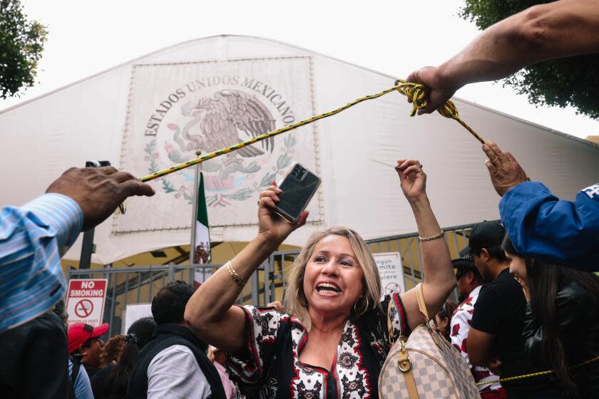 Los Angeles, CA - June 02: May Bartola leaves the Mexican Consulate after voting on Sunday, June 2, 2024 in Los Angeles, CA. Mexicans will likely elect first female president in the country's history Sunday between a former academic who promises to further the current leader's populist policies and an ex-senator and tech entrepreneur who pledges to up the fight against deadly drug cartels. (Dania Maxwell / Los Angeles Times)