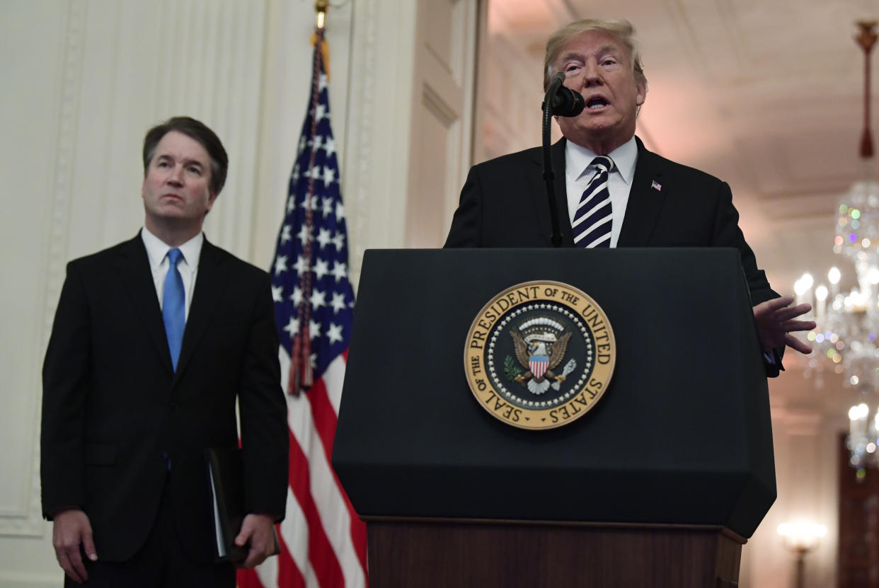 President Trump and new Supreme Court Justice Brett Kavanaugh at Monday’s ceremony. (Photo: Susan Walsh/AP)