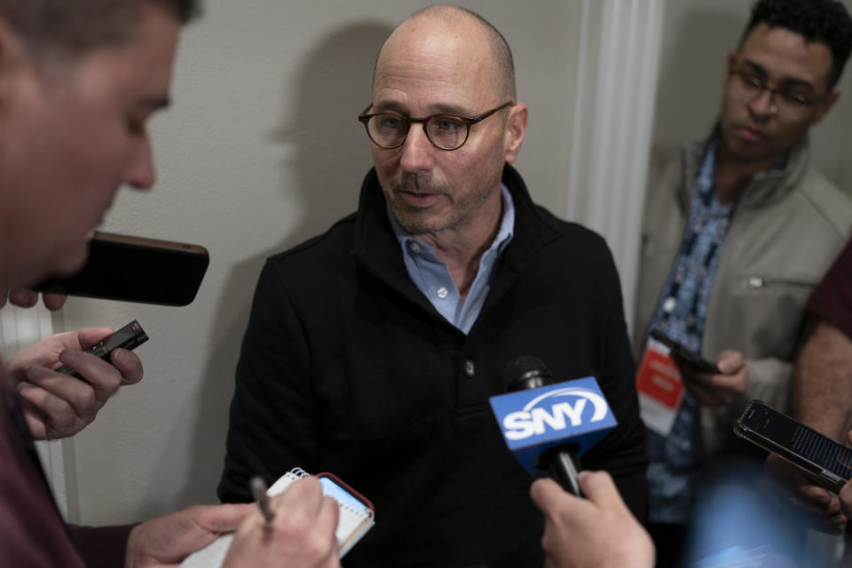 New York Yankees general manager Brian Cashman responds to questions during the Major League Baseball winter meetings Tuesday, Dec. 5, 2023, in Nashville, Tenn. (AP Photo/George Walker IV)