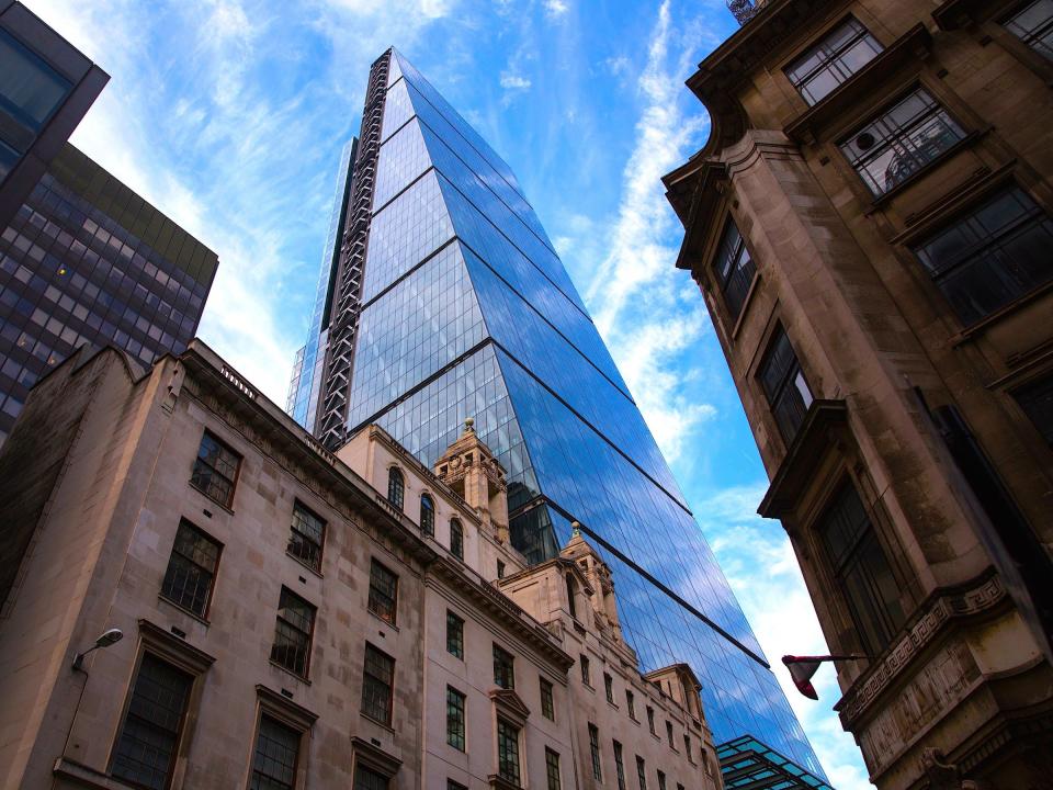 The exterior of the newly constructed skyscraper, The Leadenhall Building, on September 15, 2014 in London, England. The skyscraper, located in the City of London, has been dubbed the 'Cheesegrater' for its distinctive shape. The building stands at 224 meters high and was designed by 'Rogers Stirk Harbour + Partners'.