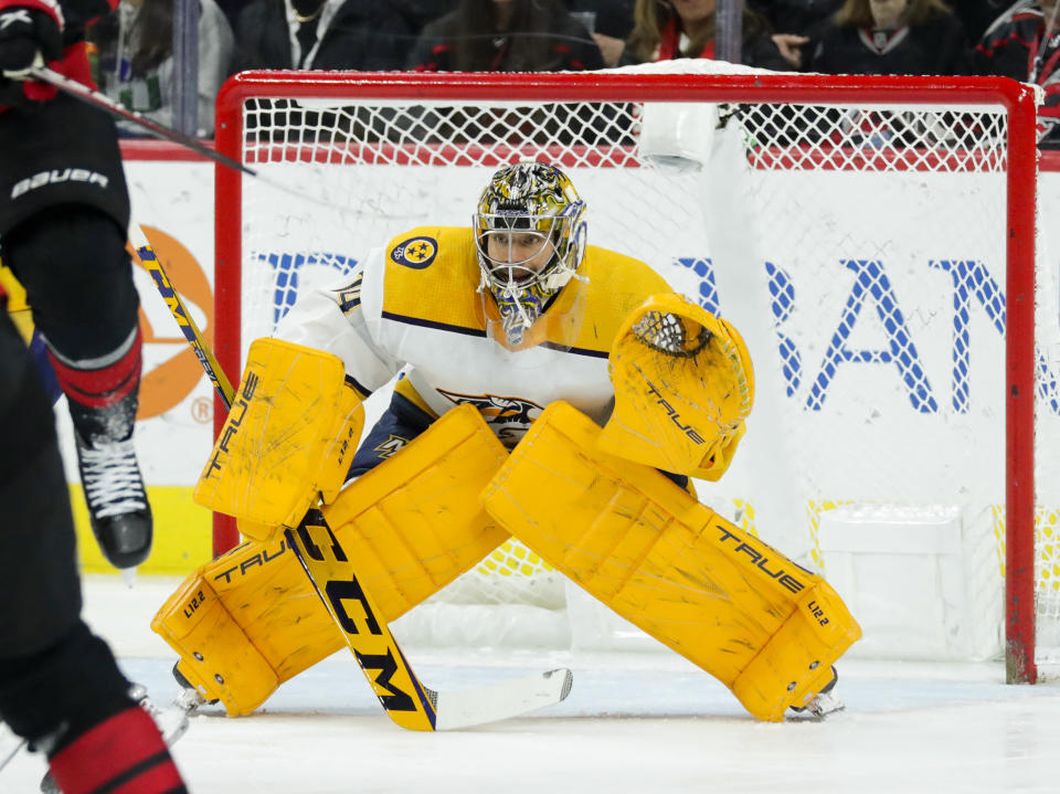 Goaltender Juuse Saros #74 of the Nashville Predators 