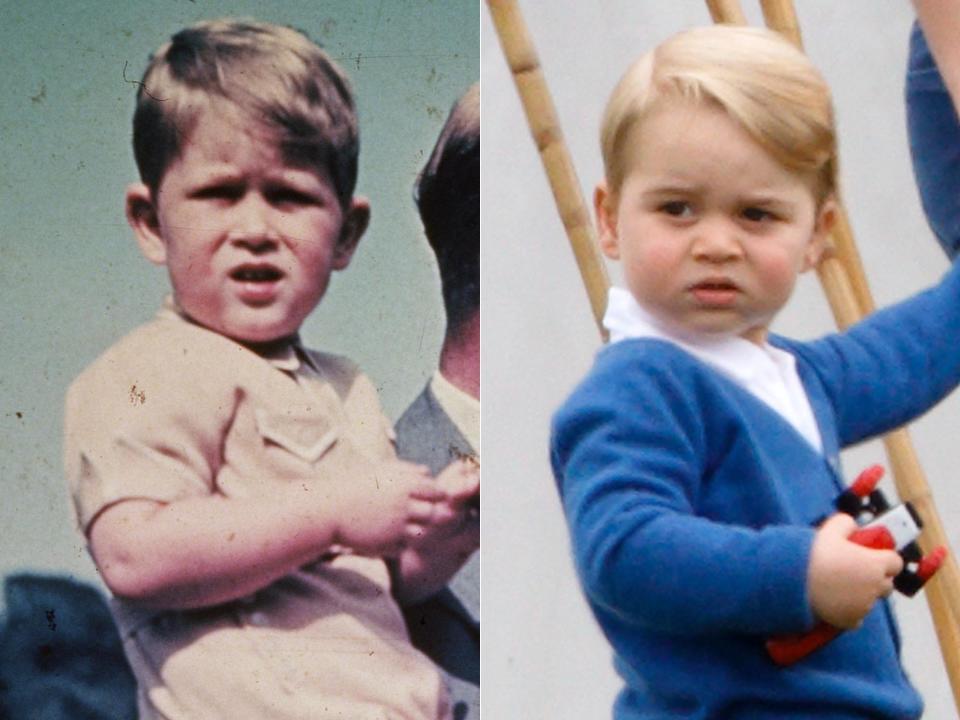 On the left, a 1951 photo of a young Charles; on the right, his grandson George in 2015.