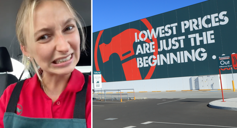 Left, Bunnings worker Natalie Robinson wearing the Bunnings uniform making a grimace face. Right, Bunnings warehouse signage reads 'Lowest prices are just the begging'. 