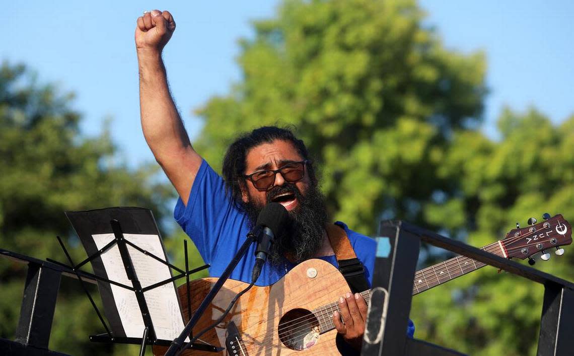 San José artist Miguel Trujillo performed at the kickoff of a 24-day march from Delano to Sacramento.