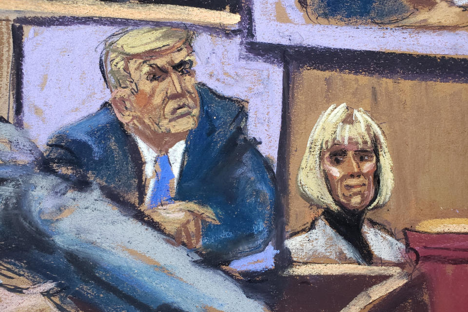In a courtroom sketch, Carroll watches as Trump lawyer Joe Tacopina makes closing arguments at the trial on Monday.