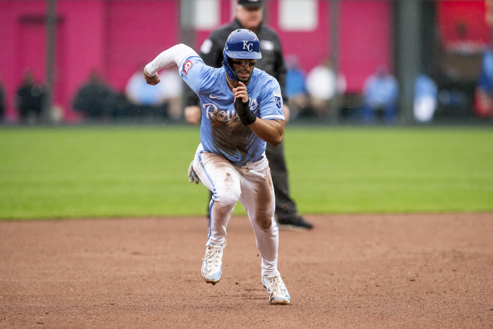 Kansas City Royals outfielder MJ Melendez runs towards third base during the fifth inning of a baseball game against the Texas Rangers, Sunday, May 5, 2024, in Kansas City, Mo. (AP Photo/Nick Tre. Smith)