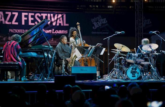 Wayne Shorter, on sax, performs with Leo Genovese, Esperanza Spalding and Terri Lyne Carrington at the Detroit Jazz Festival on Sept. 3, 2017.
