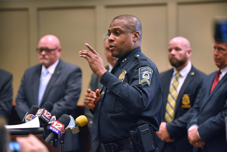 Ozark (Ala.) Police Chief Marlos Walker comments during a press conference Monday, March 18, 2019 announcing the arrest of Coley McCraney of nearby Dothan for the 1999 slayings of Dothan teens J.B. Beasley and Tracie Hawlett. McCraney was arrested Friday and is held in the Dale County Jail with no bond. (Jay Hare/Dothan Eagle via AP)