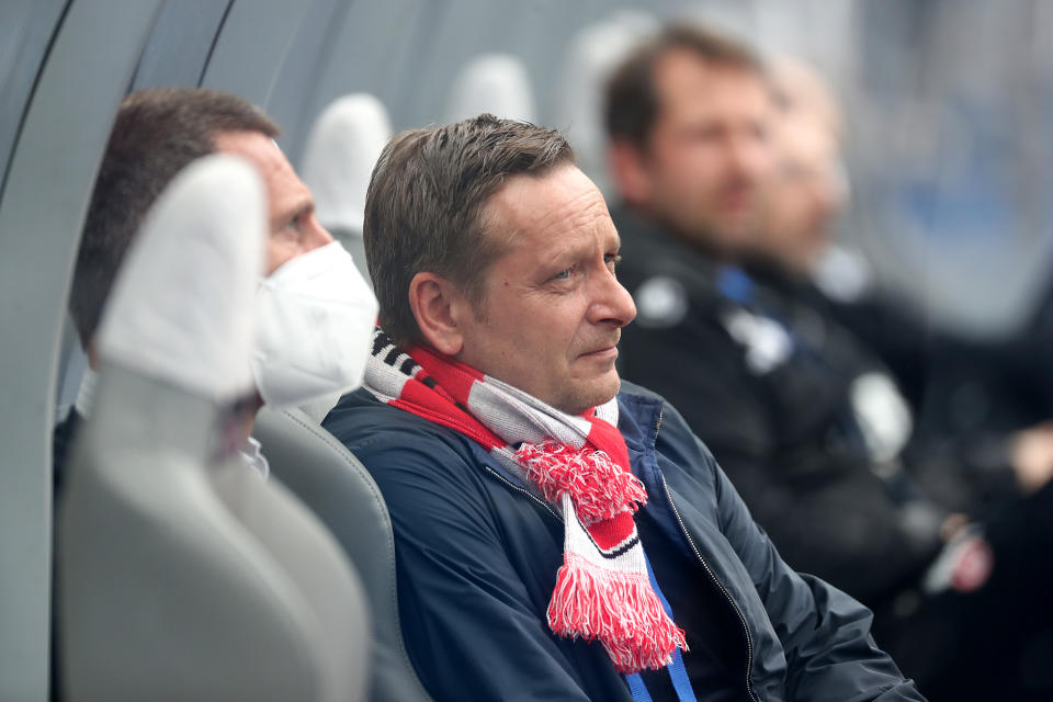 BERLIN, GERMANY - MAY 15: 1. FC Koeln Sporting Director Horst  Heldt looks on prior to the Bundesliga match between Hertha BSC and 1. FC Koeln at Olympiastadion on May 15, 2021 in Berlin, Germany. Sporting stadiums around Germany remain under strict restrictions due to the Coronavirus Pandemic as Government social distancing laws prohibit fans inside venues resulting in games being played behind closed doors.  (Photo by Filip Singer - Pool/Getty Images)