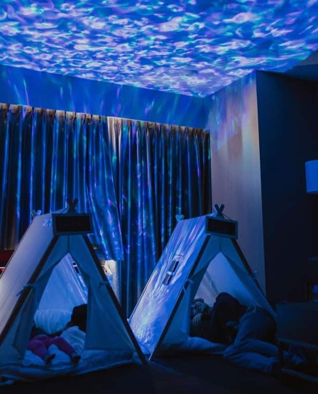 The Sandman hotels are offering "glamping" suites. The kids get a tent with a starry projector, and the parents get a king-sized bed in a separate room. 