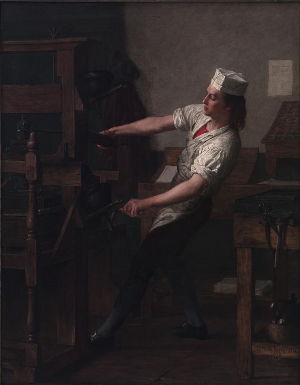 A young Benjamin Franklin at the printing press, in 1876, by Enoch Wood Perry.