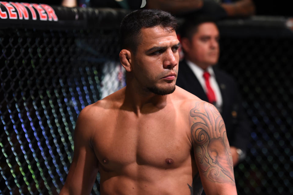 Rafael dos Anjos of Brazil is introduced in his corner prior to facing Colby Covington in their interim welterweight title fight during the UFC 225 event at the United Center on June 9, 2018 in Chicago, Illinois. (Getty Images)