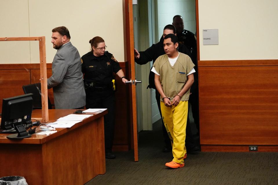 Gerson Fuentes, 28, enters a Franklin County Common Pleas courtroom Wednesday afternoon, where he later admitted to raping a 10-year-old Columbus girl, resulting in her pregnancy. The girl had to seek an abortion in Indiana because of Ohio abortion law in effect at that time, generating national and international headlines.