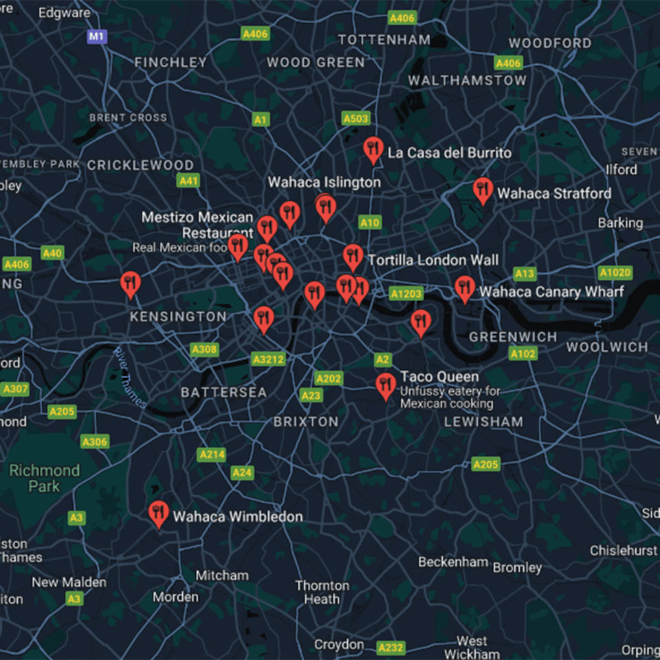 All of the Mexican restaurants in London as of Sept. 16, 2022. (Google Maps)