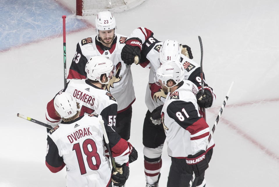 Arizona Coyotes celebrate a goal against there Nashville Predators during the first period NHL qualifying round game action in Edmonton, on Sunday, August 2, 2020. (Jason Franson/The Canadian Press via AP)