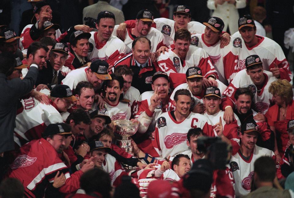 The team photo from the 1997 Stanley Cup champion Detroit Red Wings at Joe Louis Arena on June 7, 1997, after sweeping the Philadelphia Flyers.