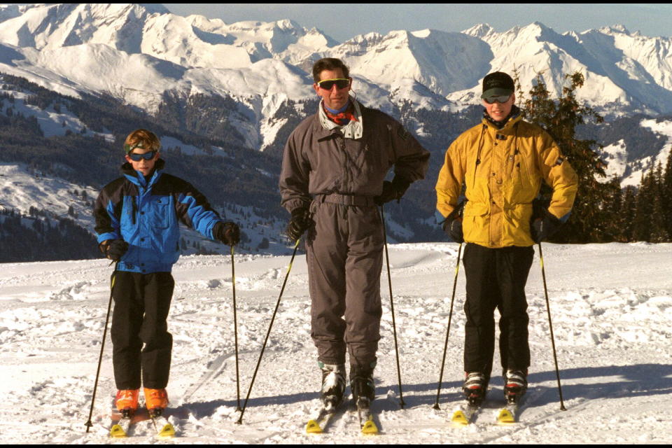 Charles, Prince of Wales with his sons Prince Harry of Wales and Prince William, Duke of Cambridge at winter sports in Klosters.  (Photo by Pascal Le Segretain/Sygma via Getty Images)