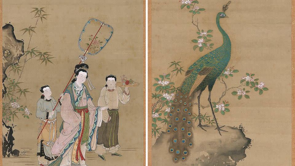 A portrait of Chinese consort Yang Guifei, who was revered for her beauty in the 8th century (left) and a composition featuring a peacock and peach blossoms (right). - Courtesy MFA Boston