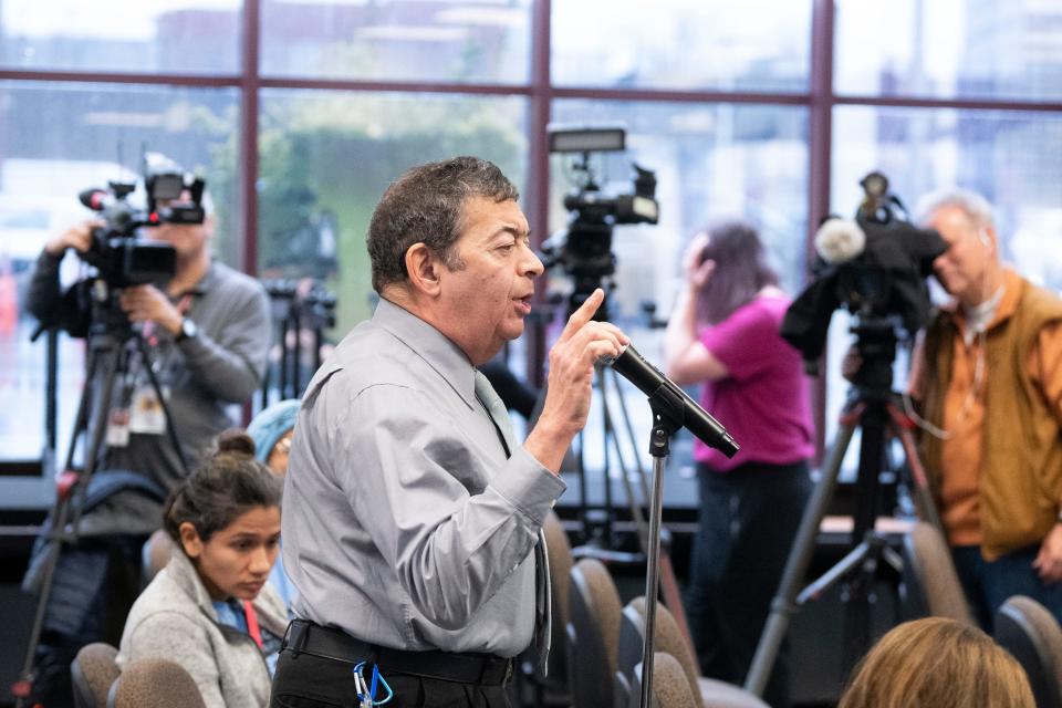 Mar 5, 2024; Paterson, Nj, Usa; Neil Ross Speaks During A Public Comments Section Of A Hearing About Nj Transit'S Proposed Fare Hike At Passaic County Community College.