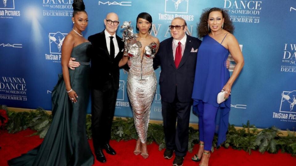 Nafessa Williams, Stanley Tucci, Naomi Ackie, Clive Davis and Tamara Tunie enjoy the world premiere of Tristar Pictures’ “Whitney Houston: I Wanna Dance with Somebody” at the AMC Lincoln Square in New York City. (Marion Curtis / StarPix for Sony/Tristar Pictures)