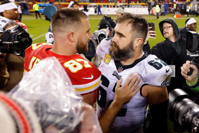 <p>David Eulitt/Getty</p> Travis Kelce and Jason Kelce