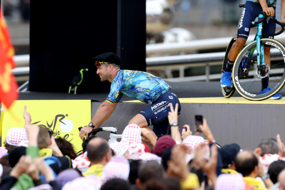 BILBAO SPAIN  JUNE 29 Mark Cavendish of United Kingdom and Astana Qazaqstan Team during the team presentation of the 110th Tour de France 2023 at the Guggenheim Museum Bilbao  UCIWT  on June 29 2023 in Bilbao Spain Photo by Michael SteeleGetty Images